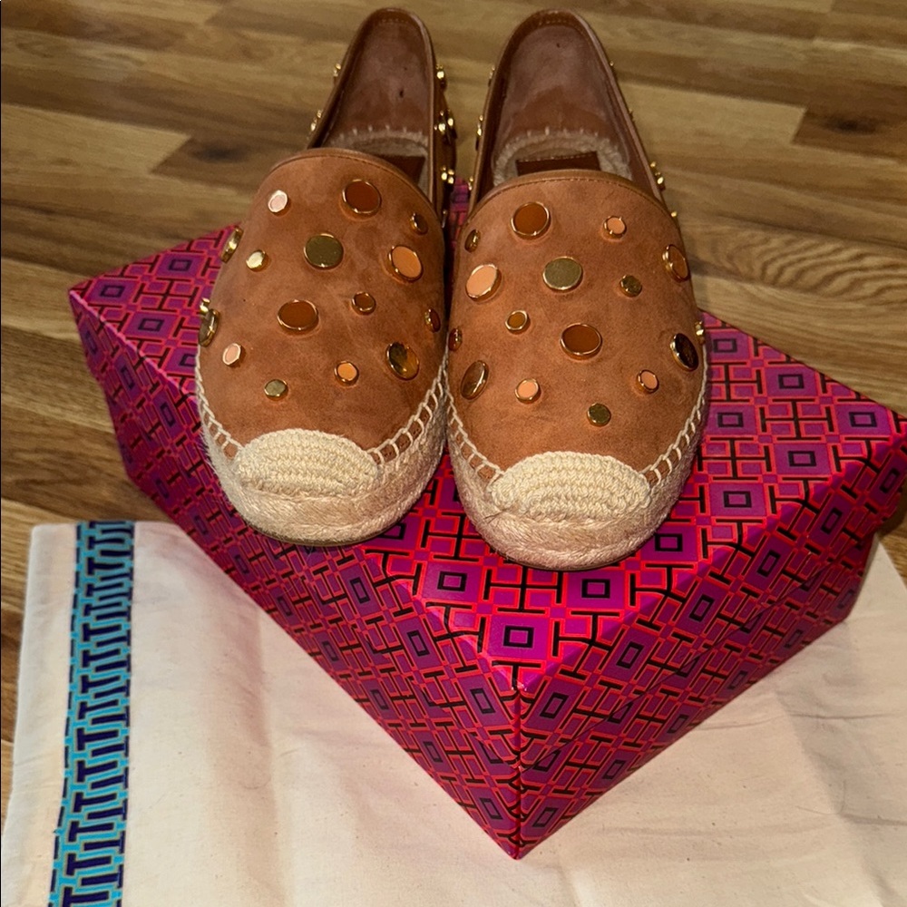 Tory Burch Brown and Gold Espadrille Slip-Ons